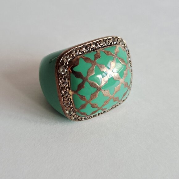 New Angelique de Paris 925 Silver Zircon & Resin Blue Teal Square Ring Size 6